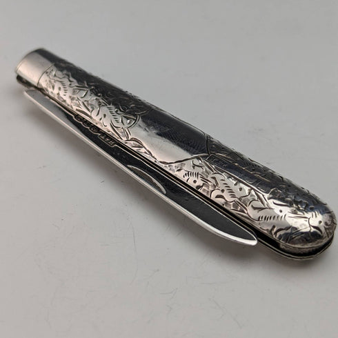 1897 British antique sterling silver folding pen knife Hilliard and Thomason with case